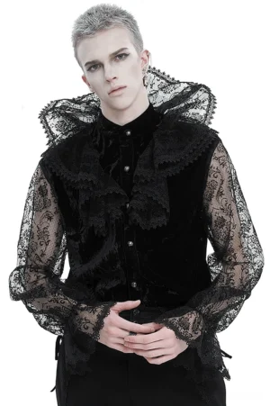 Black gothic lace stand collar shirt with transparent lantern sleeves - front view on model