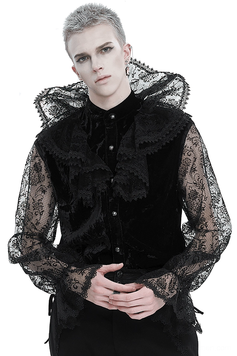 Black gothic lace stand collar shirt with transparent lantern sleeves - front view on model
