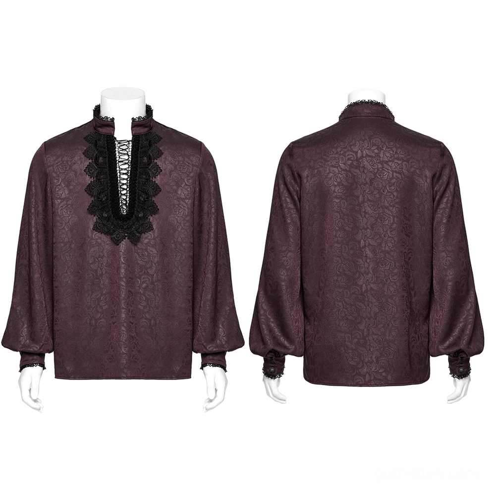 Wine-dark gothic lace shirt front and back mannequin display - stand collar and black lace detailing
