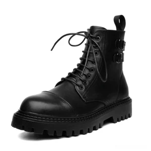 Black gothic lace-up ankle boots with metal buckles left three-quarter view