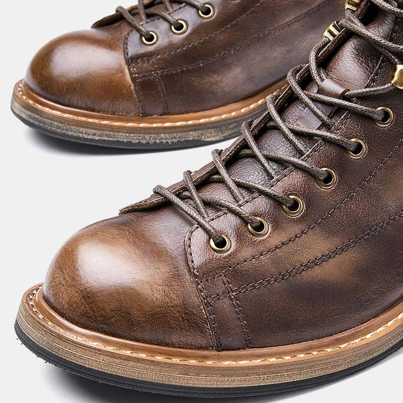 Men's gothic lace-up ankle boots overall construction detail showing round toe and quality leather craftsmanship