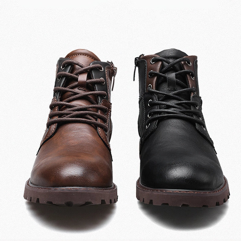 Pair of mixed-color gothic lace-up ankle boots in black and brown leather, front display