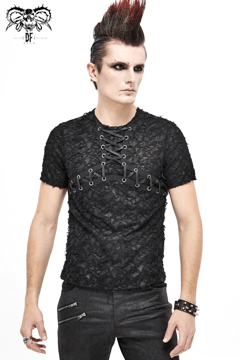Alternative angle of black gothic men's slim fit t-shirt with lace-up neckline and chest on male punk model