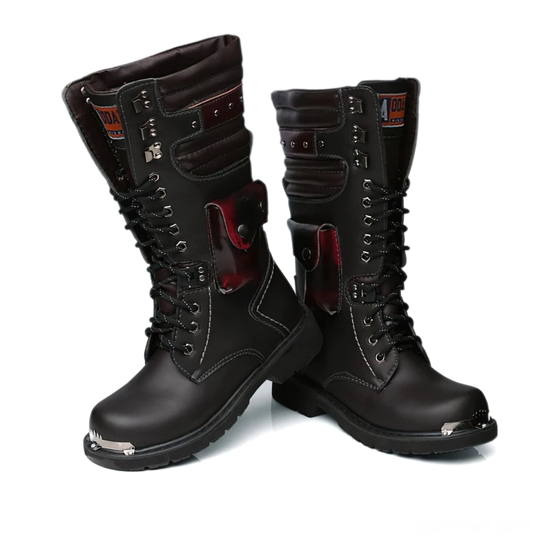 Black leather punk gothic boots with branded collar tag and metal toe cap - paired view