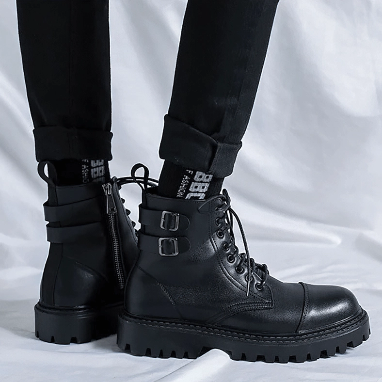 Black gothic lace-up ankle boots complete side profile showing heel height