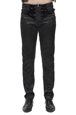 Black gothic lace-up cargo pants front view with ornate jacquard pattern and velvet lace-up waist closure