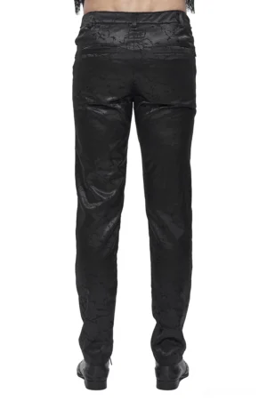 Black gothic cargo trousers rear view showing high-waist construction and embossed jacquard texture