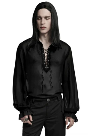 Black sheer chiffon gothic lace-up shirt with Victorian lantern sleeves - front full-body view on male model with long dark hair