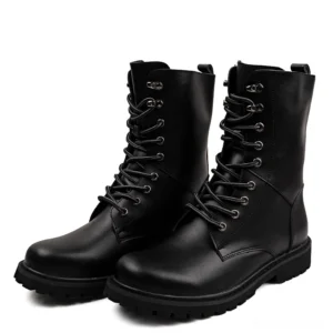 Black gothic lace-up combat boots front dual view, mid-calf split leather construction with round toe and aggressive rubber sole