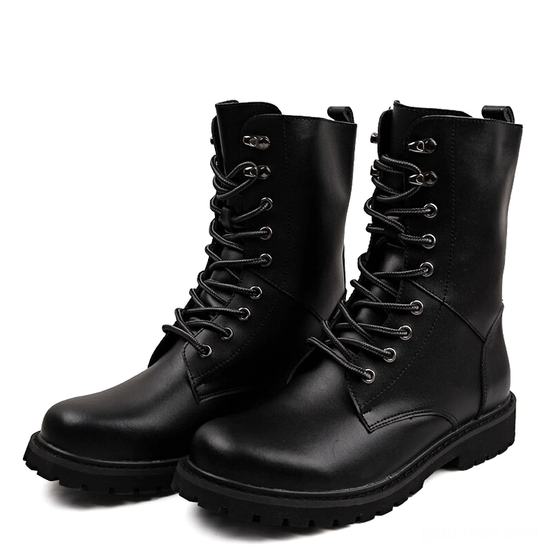 Black gothic lace-up combat boots front dual view, mid-calf split leather construction with round toe and aggressive rubber sole