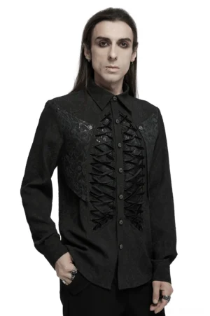 Gothic lace-up corset shirt front view black brocade damask pattern model