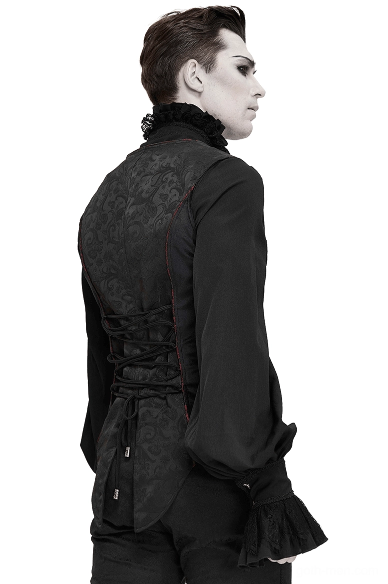 Black gothic corset vest rear lace-up closure with red piping detail worn by male goth model back view