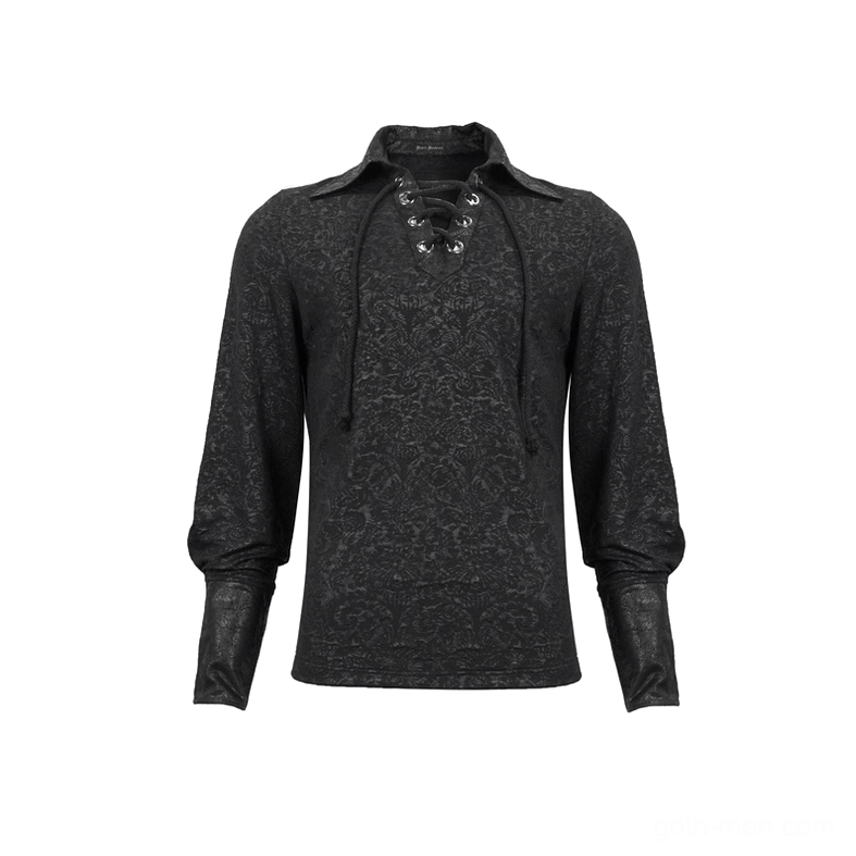 Black gothic jacquard lace-up dress shirt front flat lay showing turn-down collar and full-front lace closure