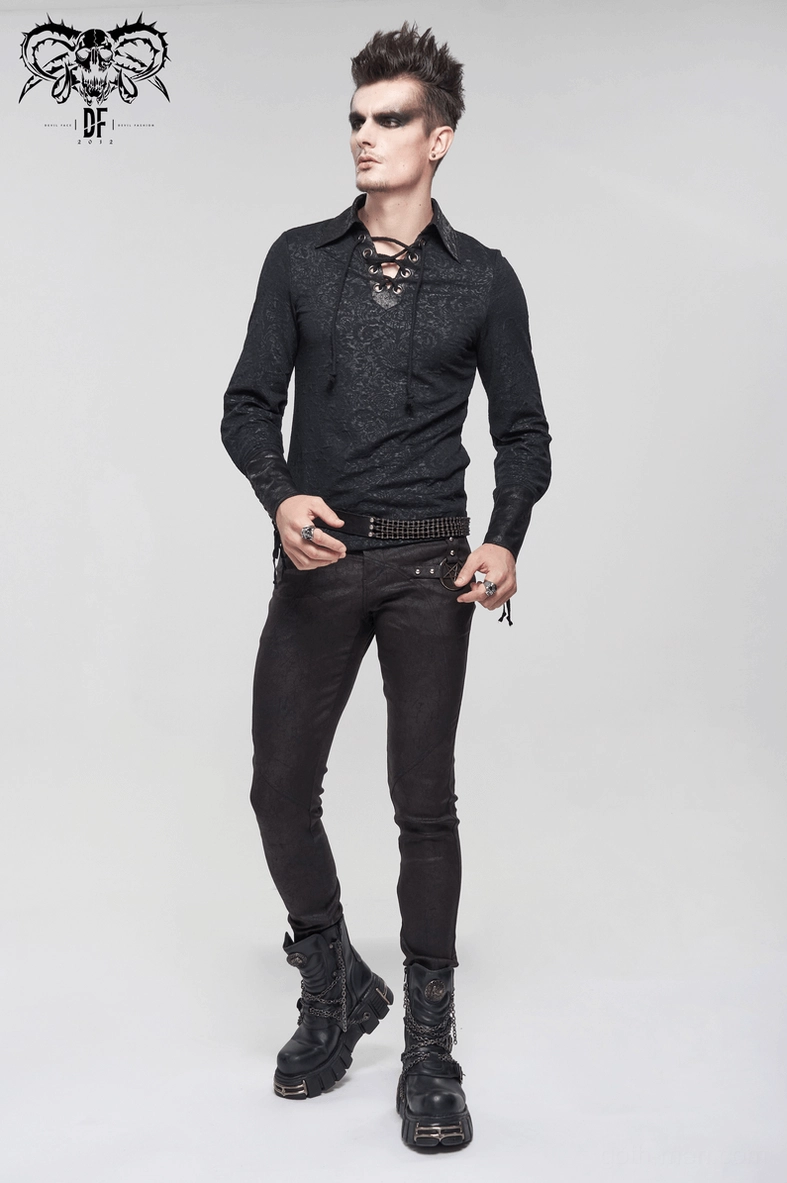 Black gothic jacquard lace-up shirt full length view showing slim silhouette and proportions