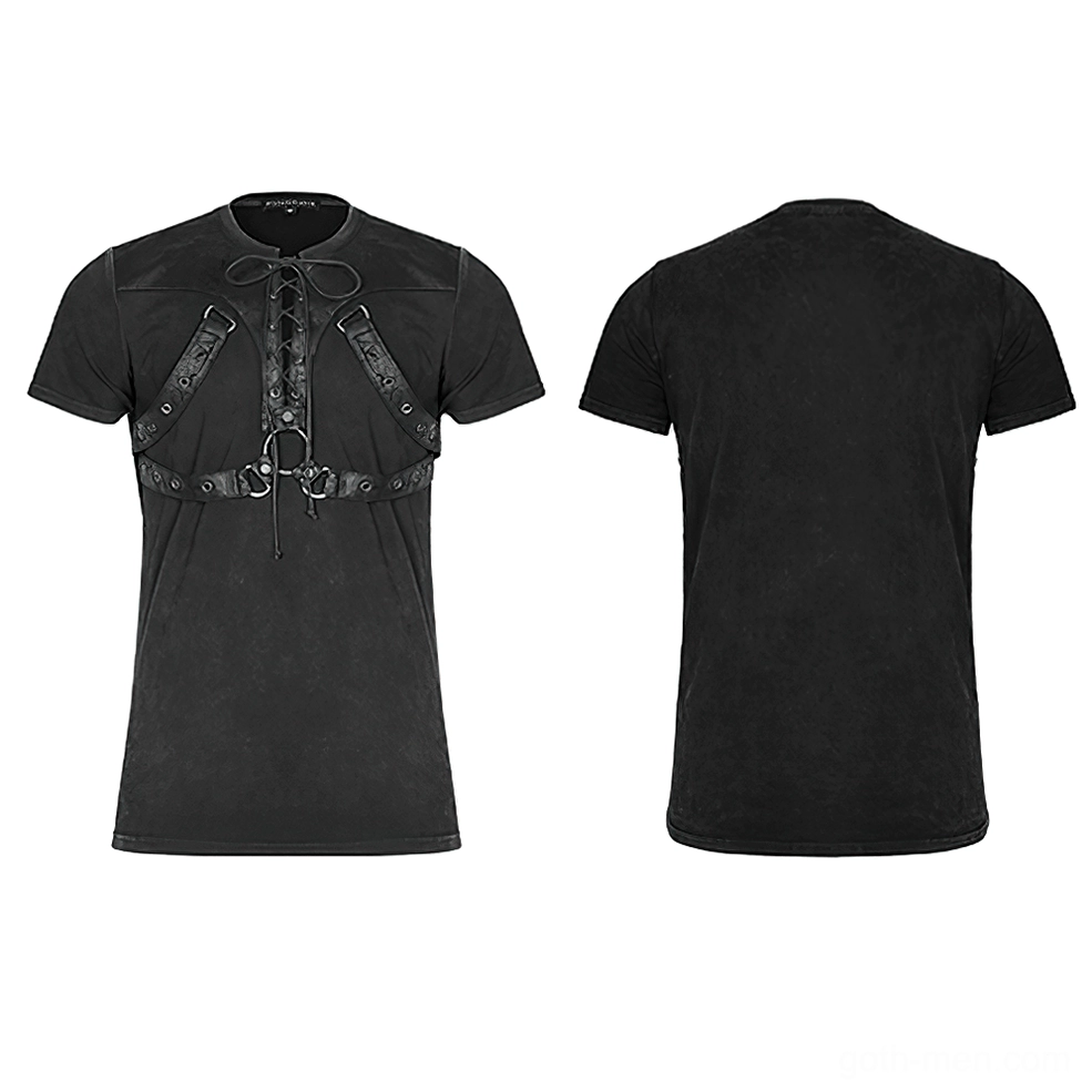 Flat lay gothic lace-up harness t-shirt front and back view with leather rope details