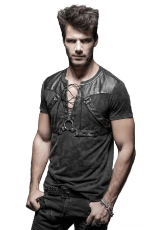 Gothic lace-up harness t-shirt black leather rope detail front three-quarter view on male model