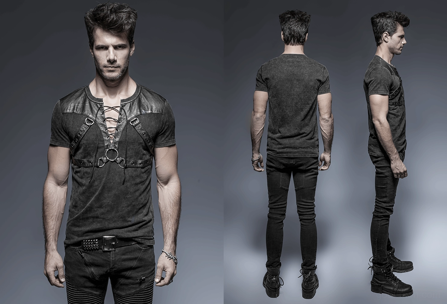 Gothic lace-up harness t-shirt black washed fabric leather rope front detail product showcase