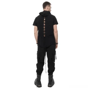 Black gothic hoodie back view showing vertical lace-up back cutout design with hanging drawstring tassels on mannequin