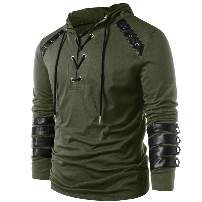 Alternative men's lace-up hoodie with faux leather arm guards and metal eyelets in army green - detail view