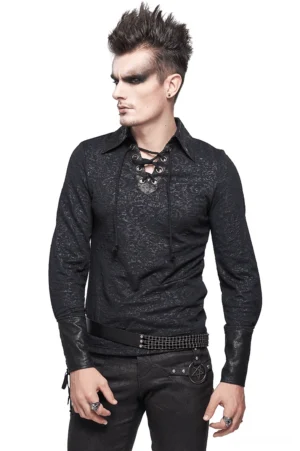Black gothic lace-up jacquard dress shirt with turn-down collar front three-quarter view on male model in studio