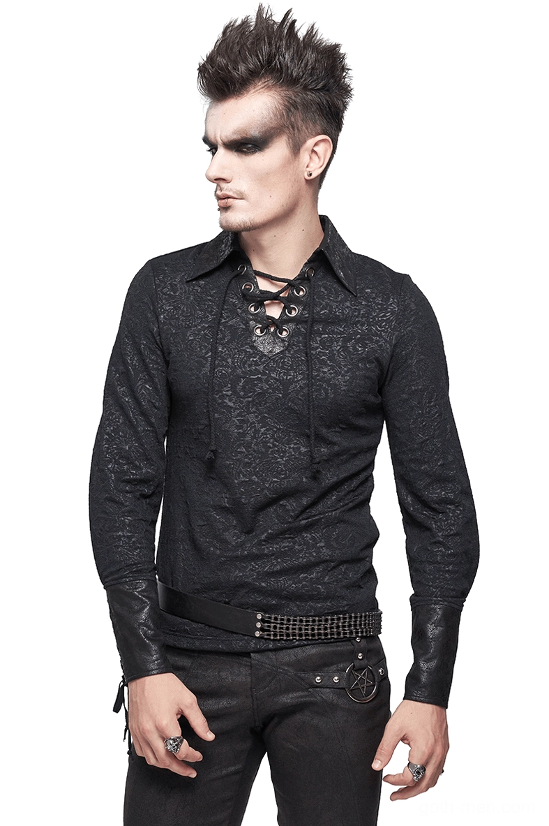 Black gothic lace-up jacquard dress shirt with turn-down collar front three-quarter view on male model in studio