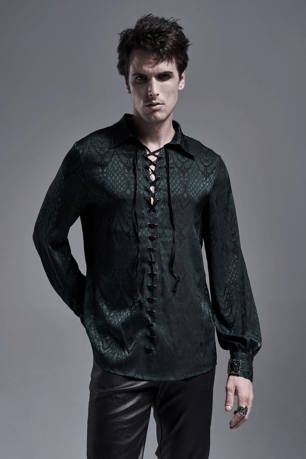 Gothic Damask Lace-Up Jacquard Shirt in forest green showing complete garment silhouette and proportion