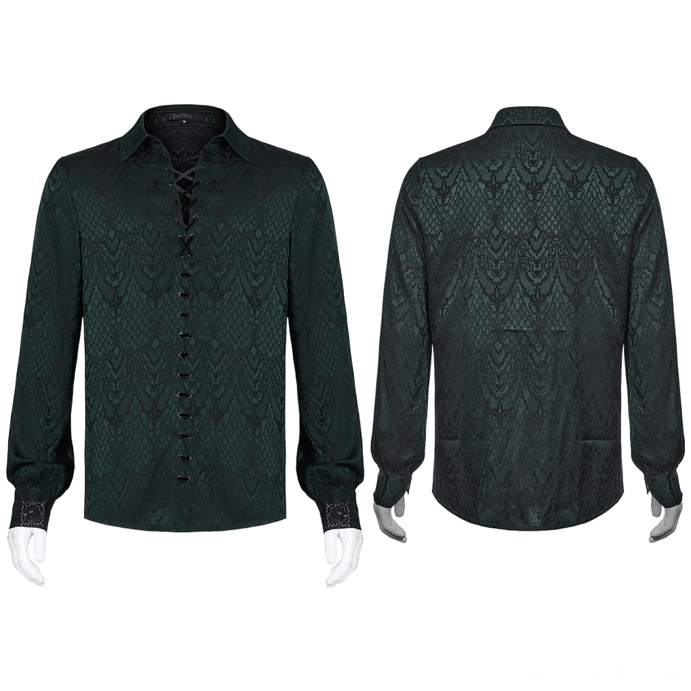 Dark green Gothic Lace-Up Jacquard Shirt front and rear mannequin display showing lace-up placket and curved hem