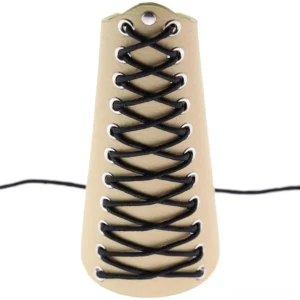 Beige and cream goth lace-up arm bracelet showing detailed cross lace design with metal grommets front view