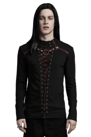 Men's gothic lace-up long sleeve top front view with red mesh lace-up detail and iron ring collar accents, black knit fabric on male model with long dark hair