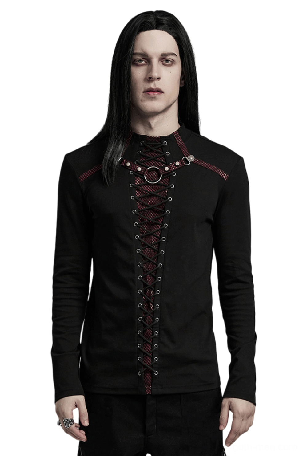 Men's gothic lace-up long sleeve top front view with red mesh lace-up detail and iron ring collar accents, black knit fabric on male model with long dark hair