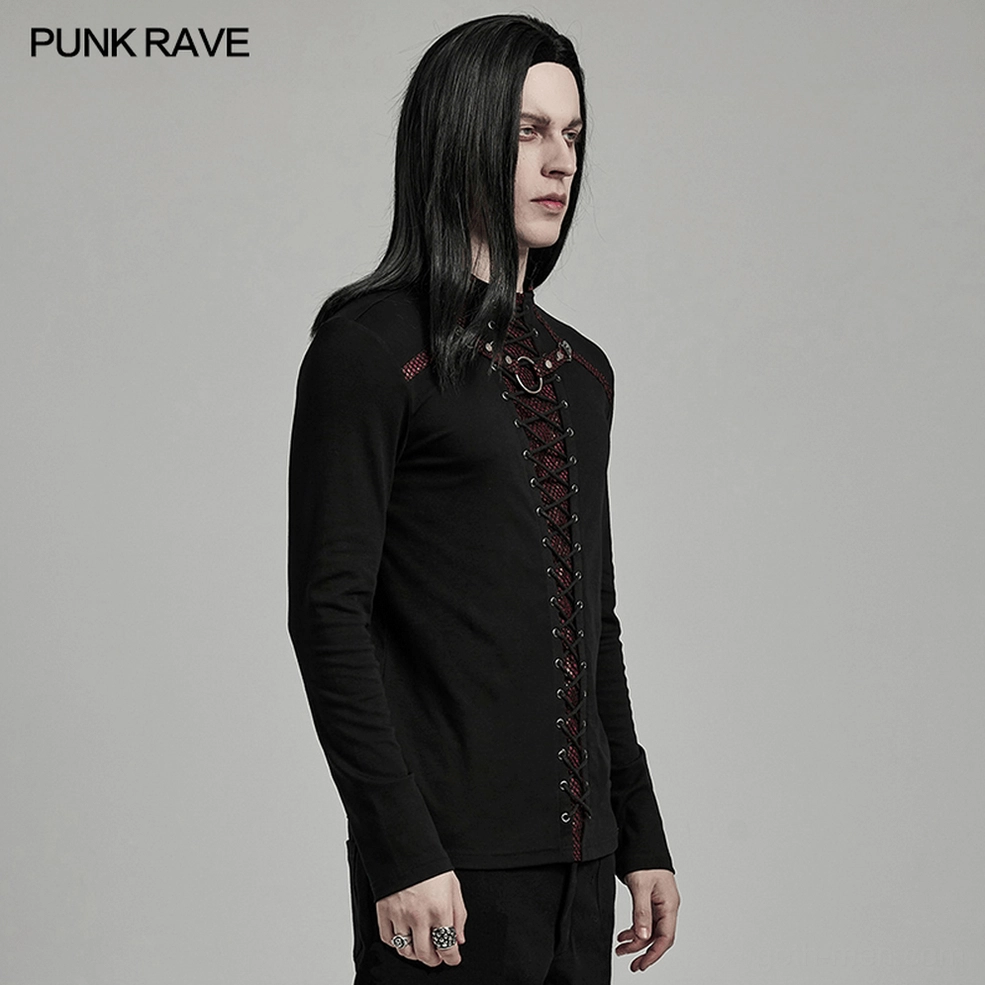 Men's gothic long sleeve top full view showing complete construction with lace-up front closure, stand collar, and black knit material