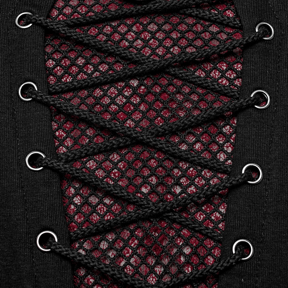 Macro detail shot of men's gothic top lace-up area with red mesh fabric, black lace, and metal eyelet hardware in dark lighting