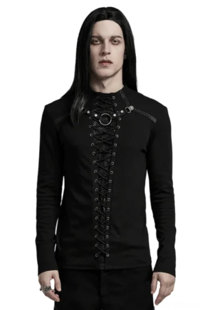 Black gothic lace-up mesh long sleeve top with iron ring detail front view worn by model