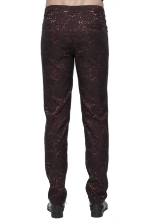 Rear view of gothic lace-up pants in wine red, displaying back pocket design and distressed crack print pattern on male model
