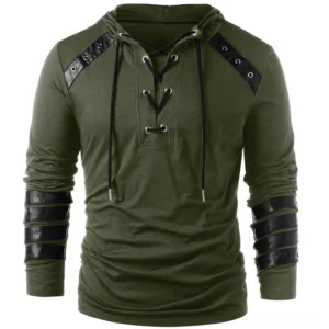 Men's gothic lace-up faux leather patchwork hoodie in army green with metal eyelets and tactical arm patches - front flat view