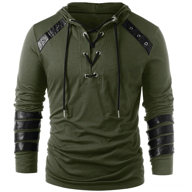 Men's gothic lace-up faux leather patchwork hoodie in army green with metal eyelets and tactical arm patches - front flat view