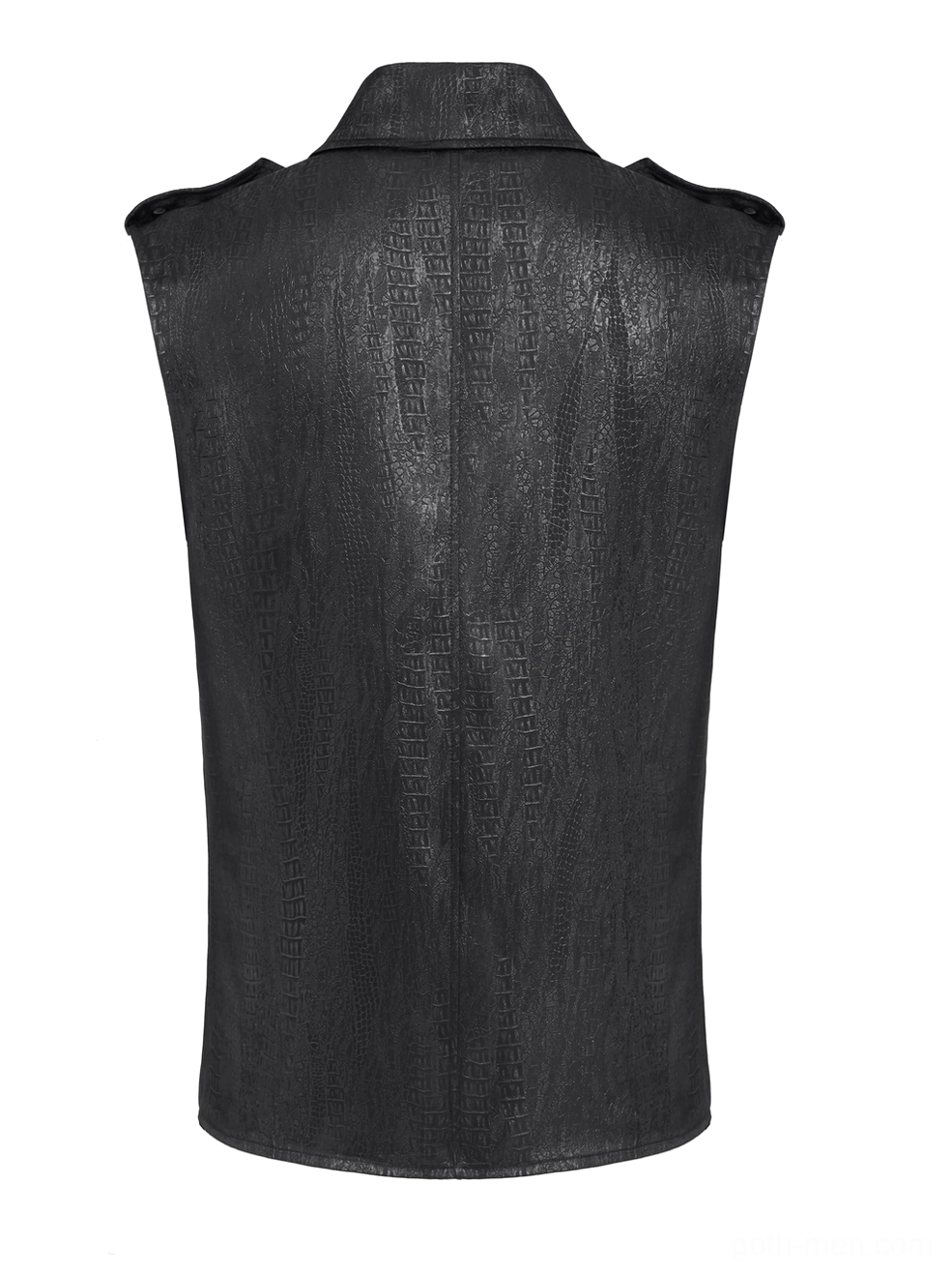 Gothic lace-up sleeveless shirt rear flat lay displaying crocodile faux leather finish and turn-down collar