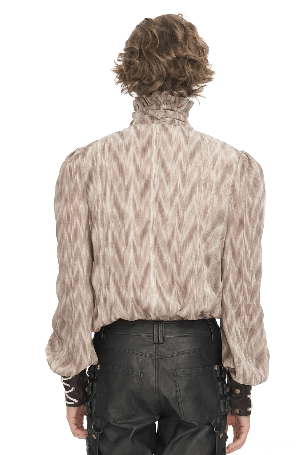 Gothic ruffled lace-up shirt back view showing puffed sleeves and structured collar detail
