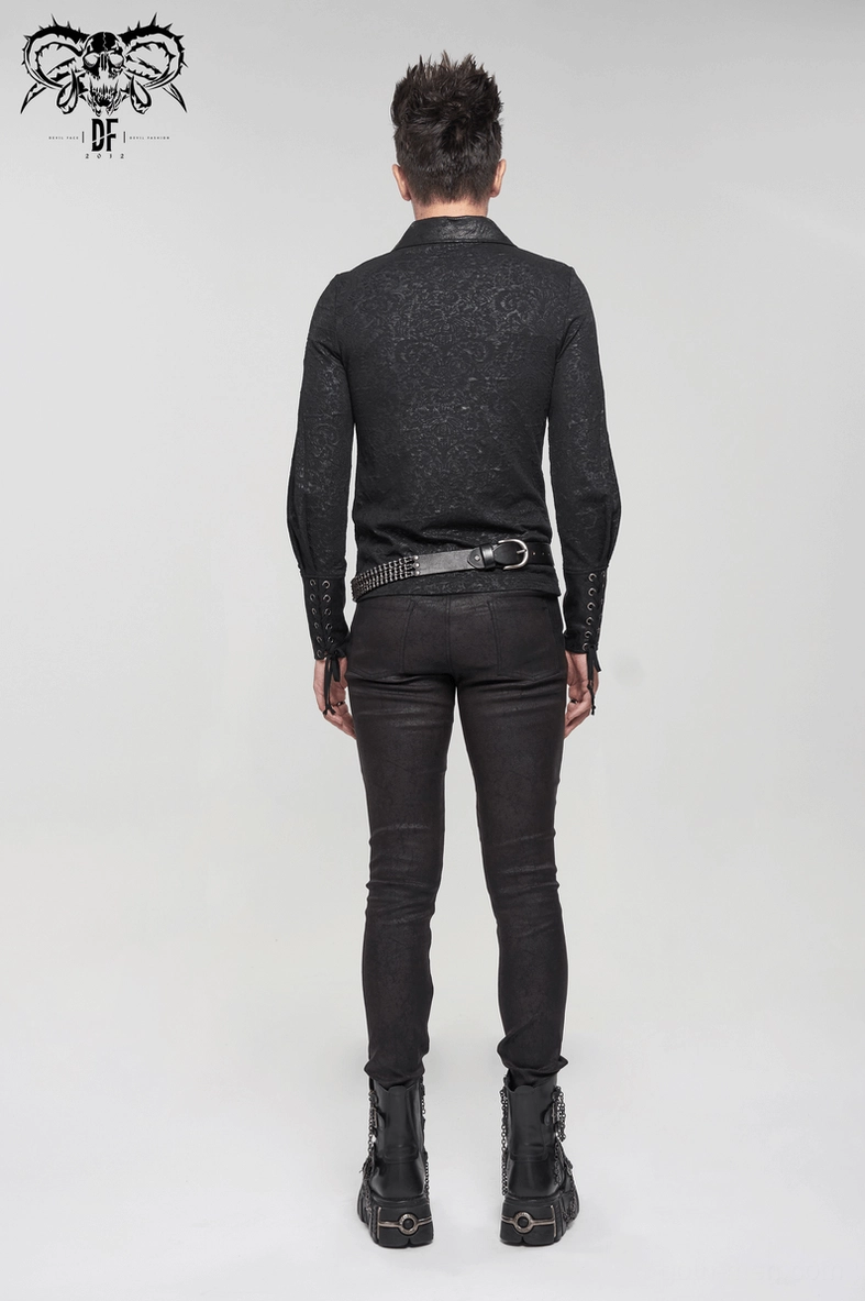 Black gothic shirt fabric and construction detail shot highlighting jacquard weave and lace-up quality