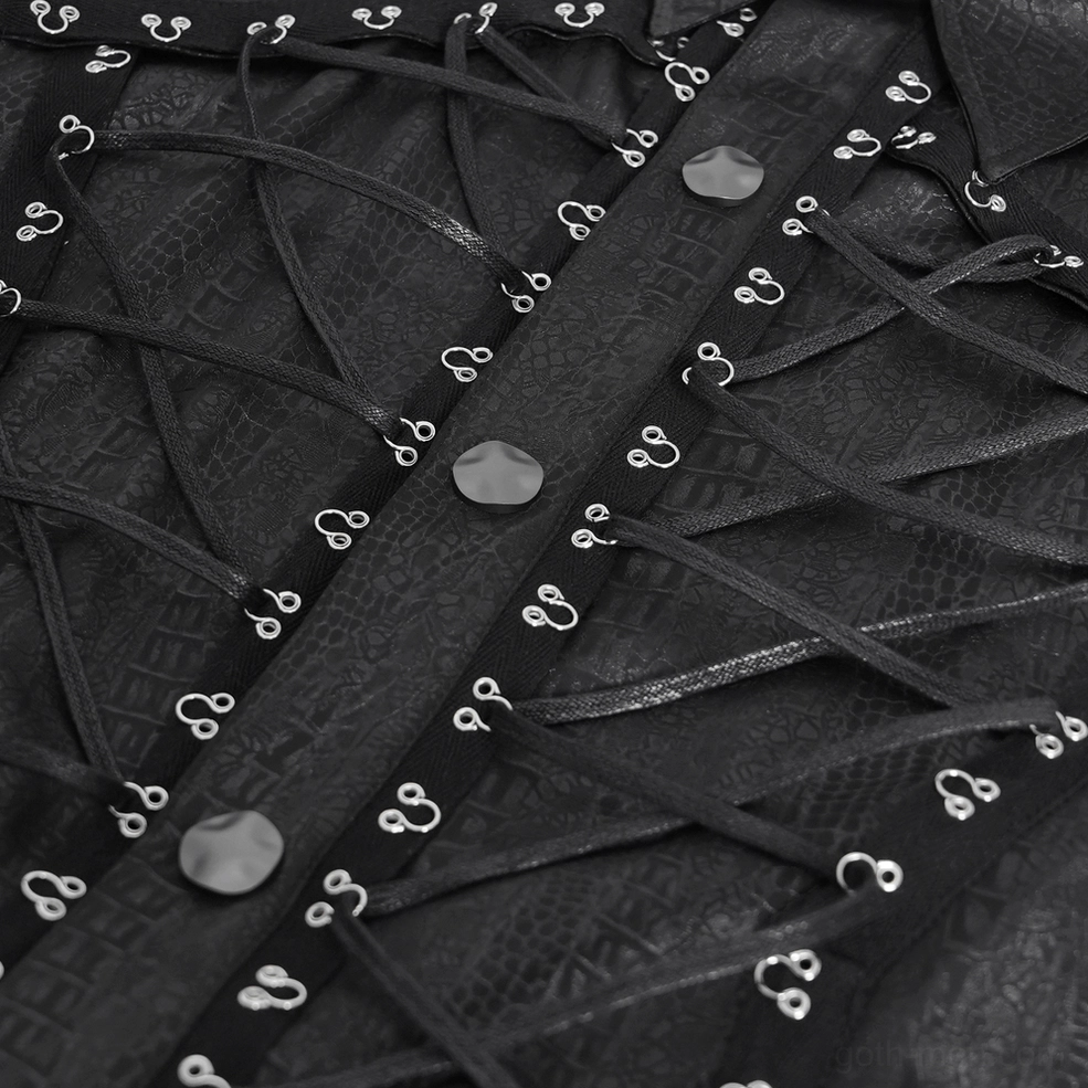 Black gothic sleeveless shirt showing lace-up corset front and metal hardware on male model