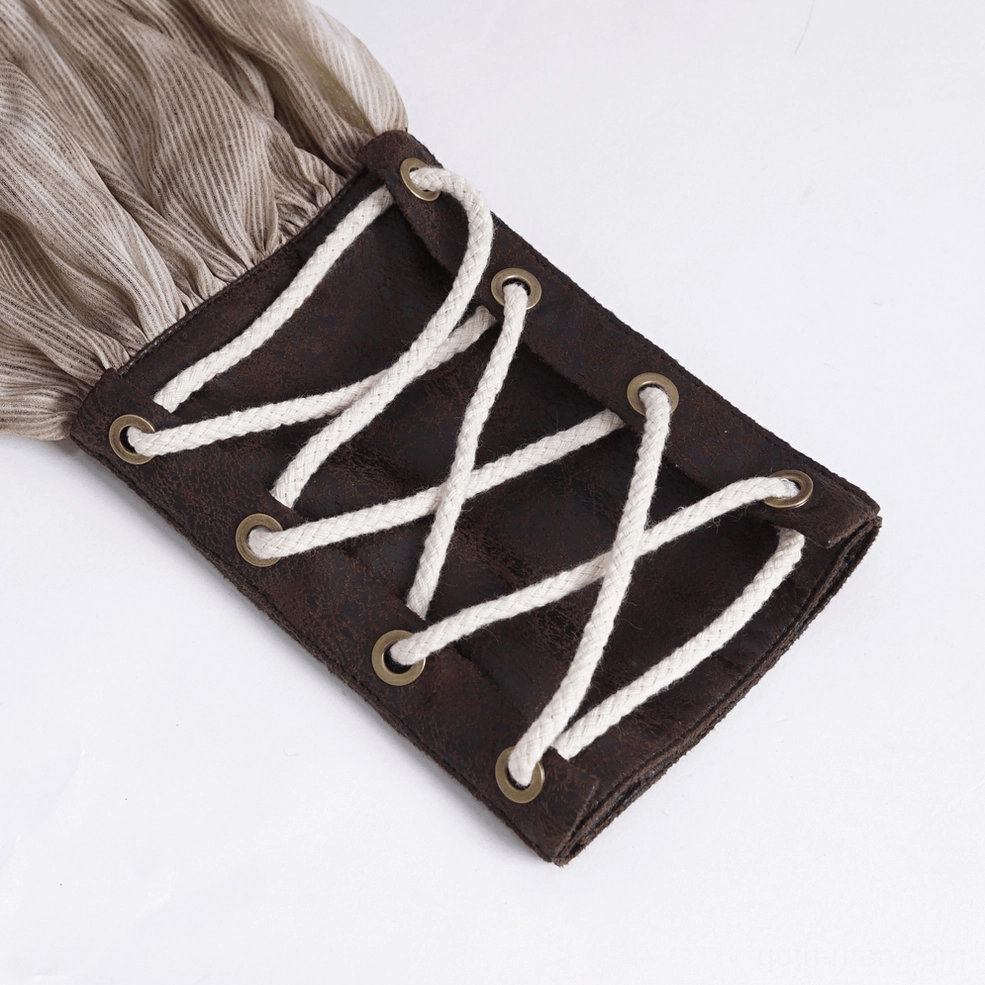 Detailed view of gothic shirt lace-up cuff with brown faux leather and criss-cross white lacing
