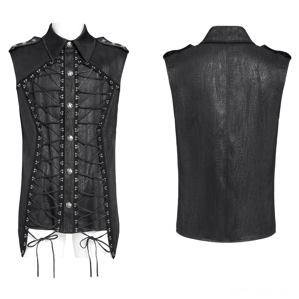 Black gothic lace-up sleeveless shirt flat lay showing metal grommet lacing, epaulets, and hem drawstrings