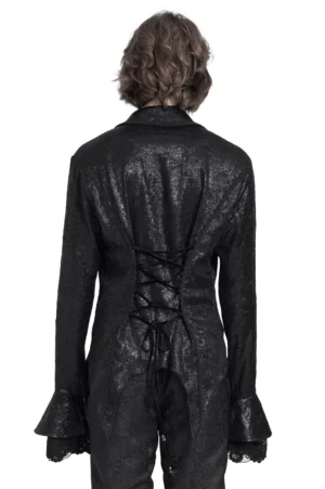 Men's gothic lace-up shirt back view showing corset lacing and asymmetric tail hem design
