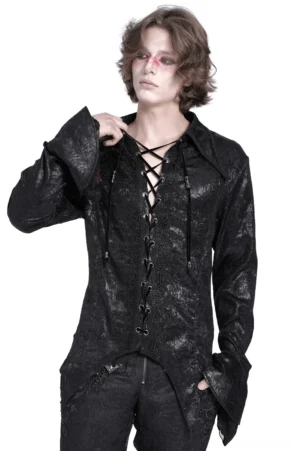 Black victorian gothic lace-up shirt front view with corset back and flared lace-trimmed cuffs on male model