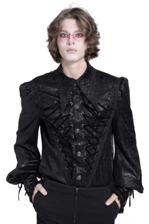 Black gothic victorian puff sleeve lace-up shirt front view worn on male model