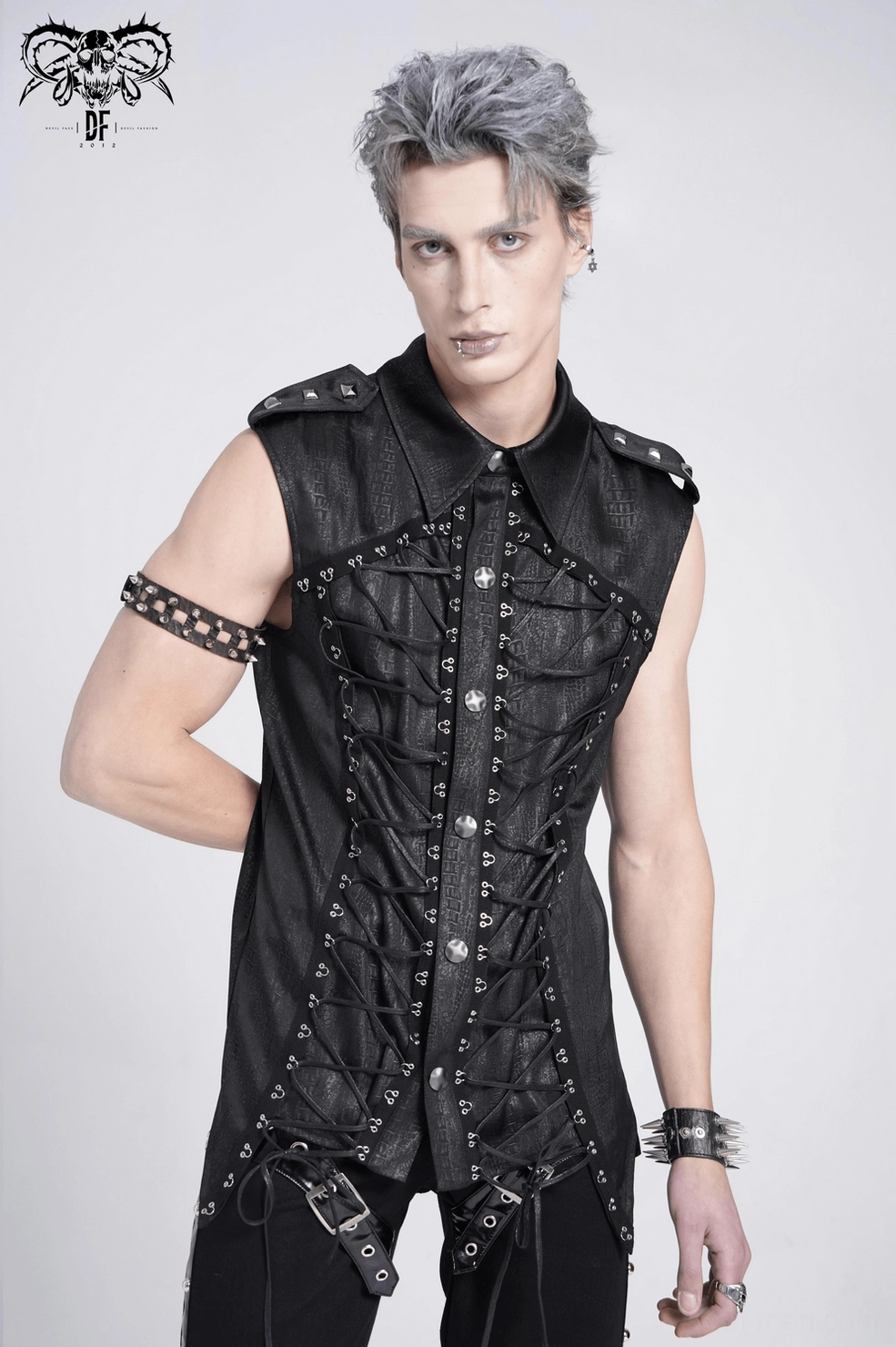 Gothic sleeveless lace-up shirt styled view demonstrating versatile wear options with structured design