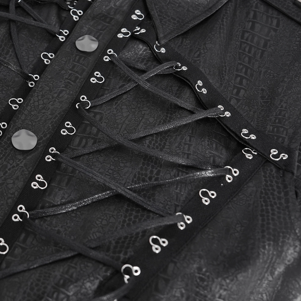 Gothic black lace-up sleeveless shirt front flat lay with structured military-inspired design elements