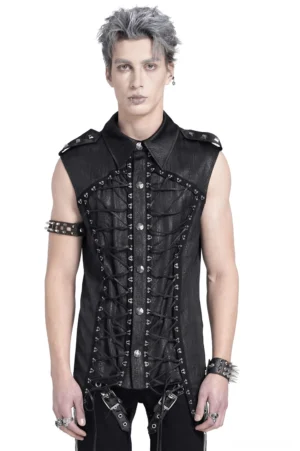 Black gothic lace-up sleeveless shirt with military epaulets and metal buttons - front view on male model