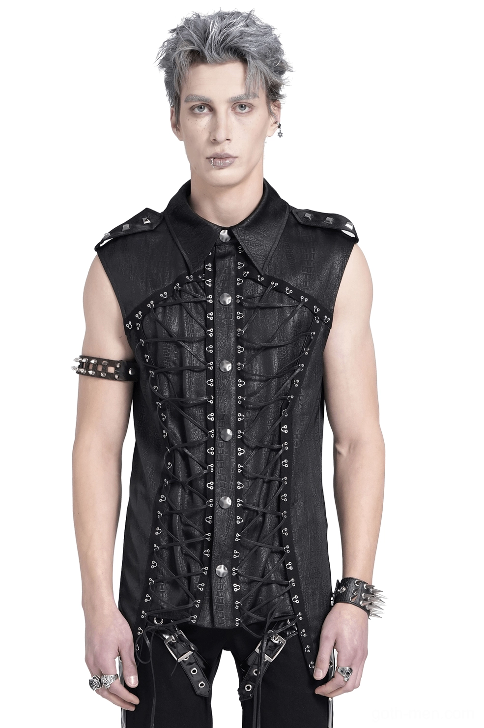 Black gothic lace-up sleeveless shirt with military epaulets and metal buttons - front view on male model
