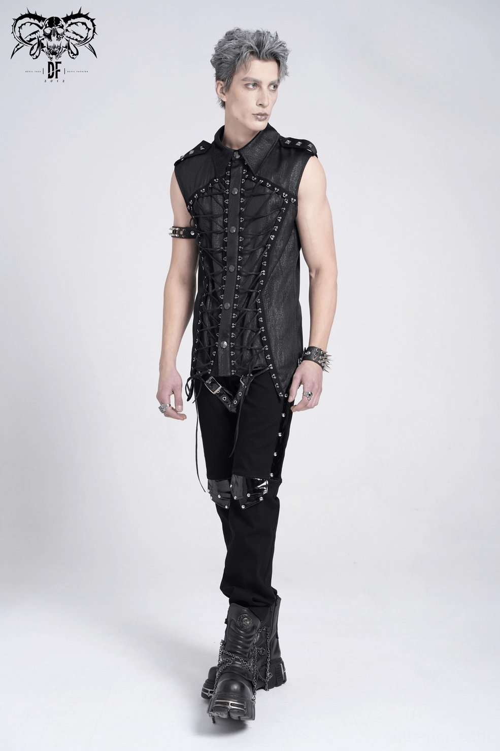 Gothic lace-up sleeveless shirt full-body model view emphasizing arm exposure and overall silhouette